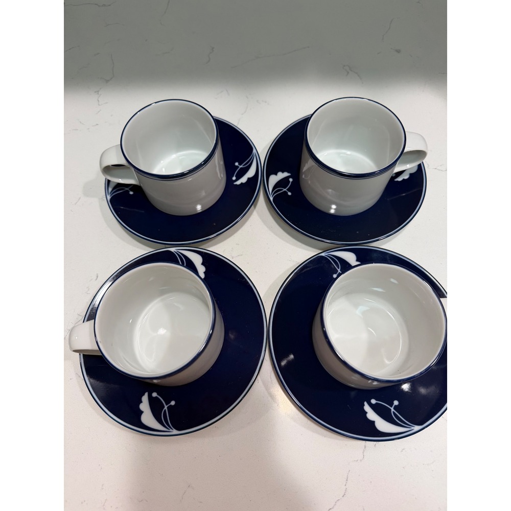 Dansk Flora Indigo Coffee Cup and Saucer Set of 4 White Blue Stoneware Japan